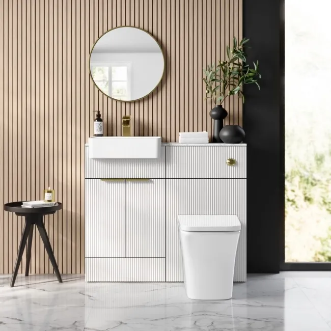 Sicily Fluted Coastal White Vanity Basin with Marble Top & Houston Toilet 1000mm - Brass Accents