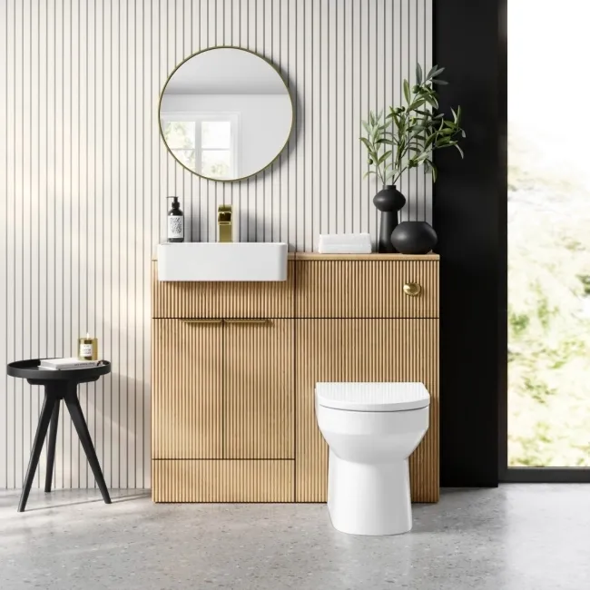 Sicily Fluted Country Oak Combination Vanity Basin and Miami Toilet 1000mm - Brushed Brass Accents