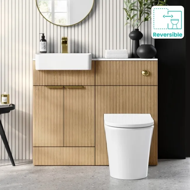 Sicily Fluted Country Oak Vanity Basin with Marble Top & Tucson Toilet 1000mm - Brass Accents