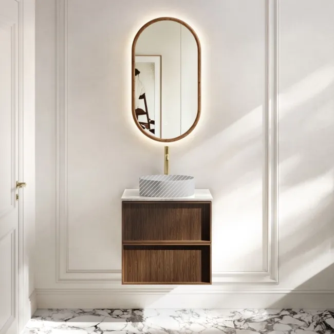 Bora Natural Walnut Wall Hung Vanity Drawer with Carrara Marble Top 600mm - Basin Not Included