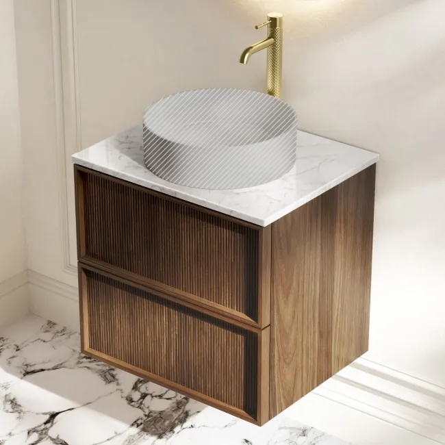 Bora Natural Walnut Wall Hung Vanity Drawer with Carrara Marble Top 600mm - Basin Not Included