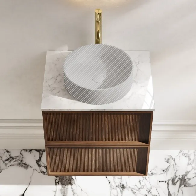Bora Natural Walnut Wall Hung Vanity Drawer with Carrara Marble Top 600mm - Basin Not Included