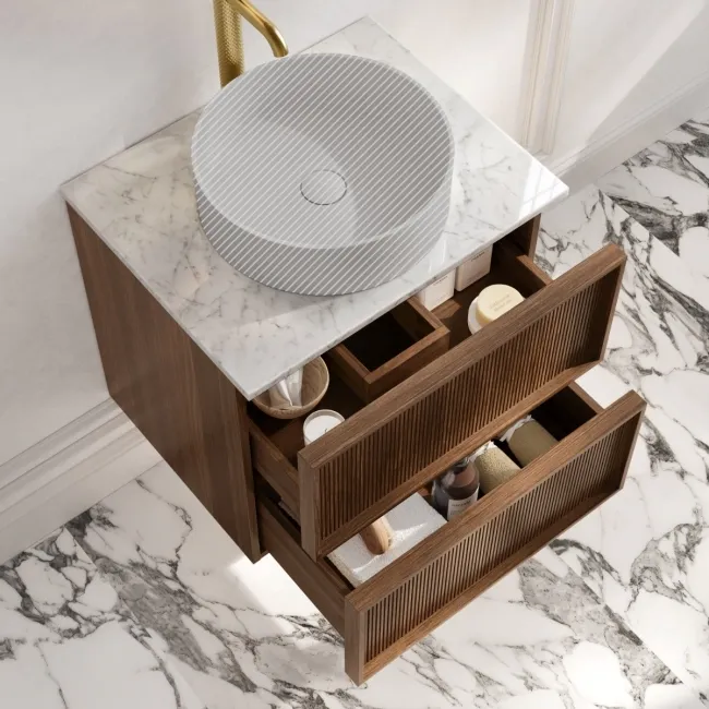 Bora Natural Walnut Wall Hung Vanity Drawer with Carrara Marble Top 600mm - Basin Not Included