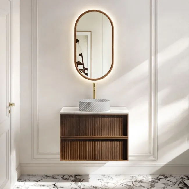 Bora Natural Walnut Wall Hung Vanity Drawer with Carrara Marble Top 800mm - Basin Not Included