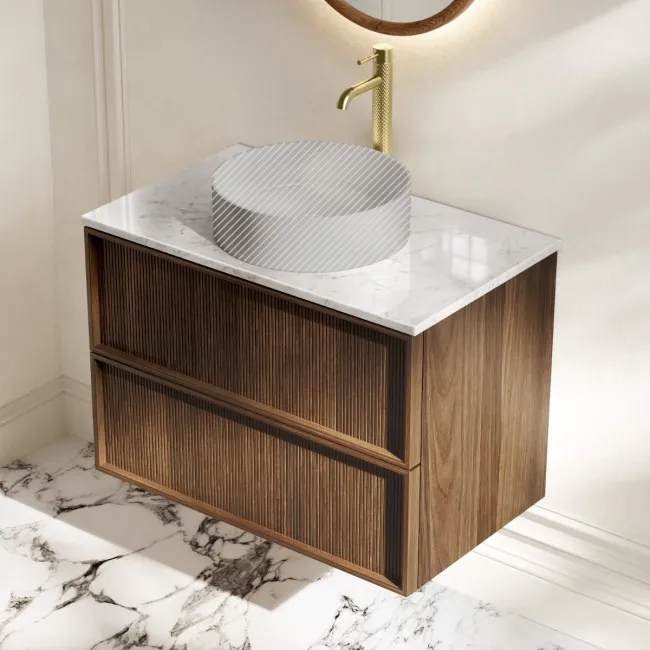 Bora Natural Walnut Wall Hung Vanity Drawer with Carrara Marble Top 800mm - Basin Not Included