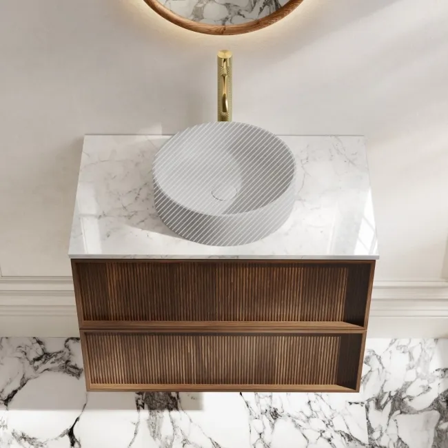 Bora Natural Walnut Wall Hung Vanity Drawer with Carrara Marble Top 800mm - Basin Not Included