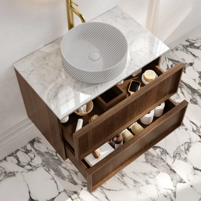 Bora Natural Walnut Wall Hung Vanity Drawer with Carrara Marble Top 800mm - Basin Not Included