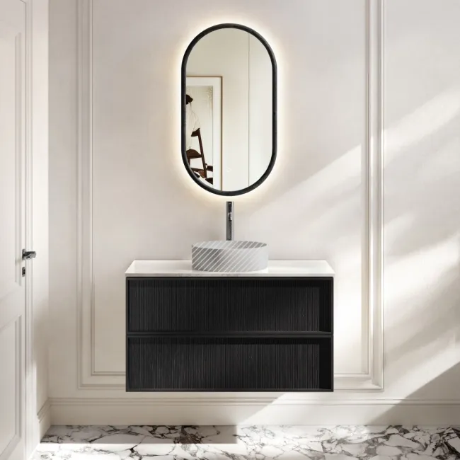 Bora Black Oak Wall Hung Vanity Drawer with Carrara Marble Top 1000mm - Basin Not Included