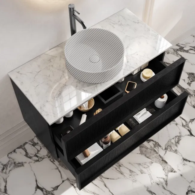 Bora Black Oak Wall Hung Vanity Drawer with Carrara Marble Top 1000mm - Basin Not Included