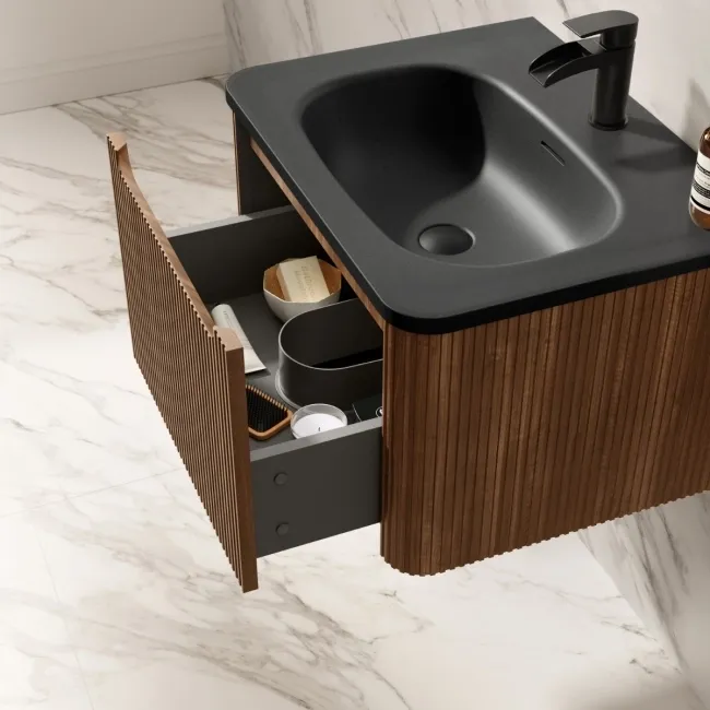 Sorrento Fluted Black Walnut Wall Hung Drawer Vanity with Black Basin 600mm