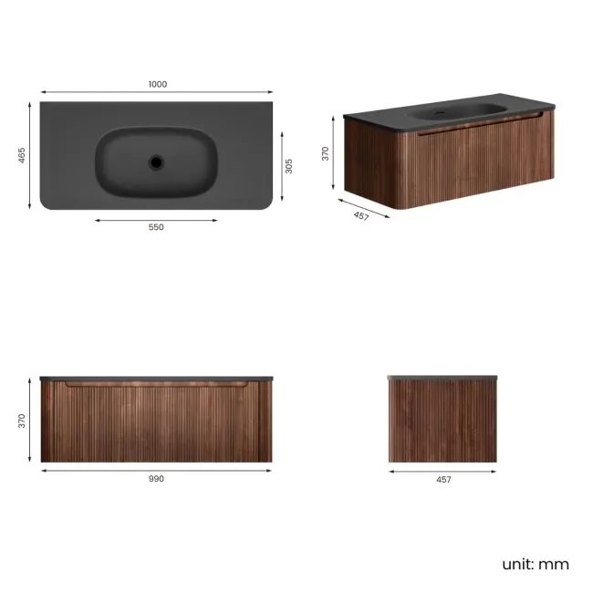 Sorrento Fluted Black Walnut Wall Hung Drawer Vanity with Black Basin 1000mm