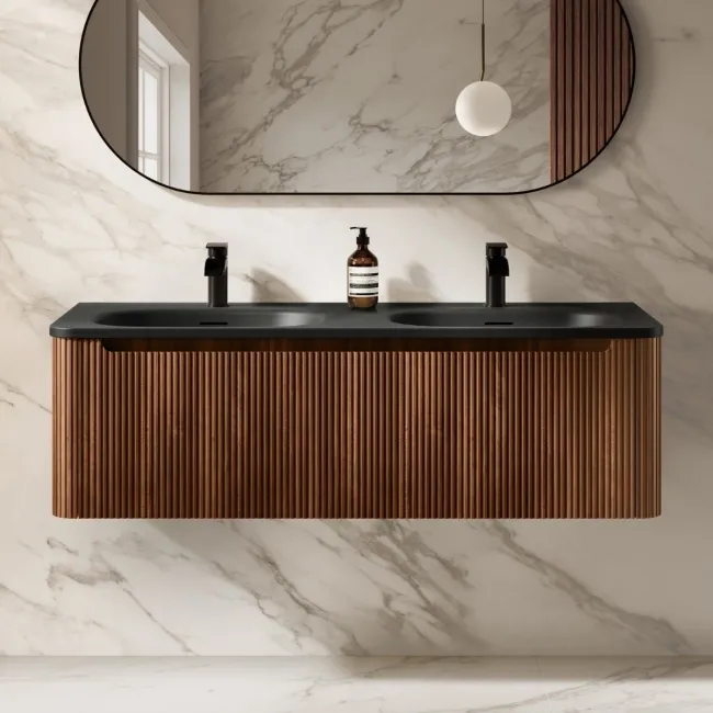 Sorrento Fluted Black Walnut Wall Hung Drawer Vanity with Black Double Basin 1200mm