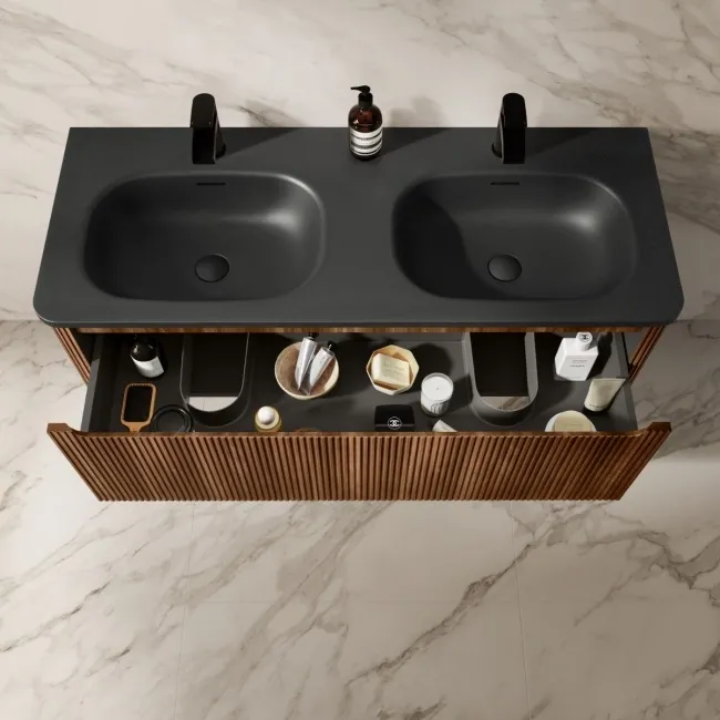 Sorrento Fluted Black Walnut Wall Hung Drawer Vanity with Black Double Basin 1200mm