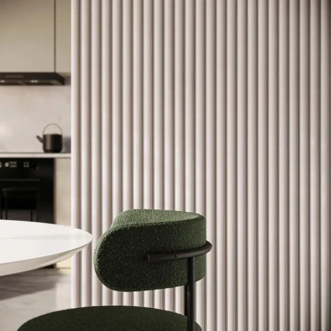 Trepanel Design® Light Oak on Antique White Felt Curve Acoustic Wood Slat Panels