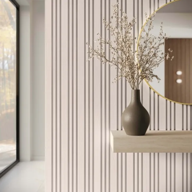 Trepanel Design® Light Oak on Antique White Felt Multi Width Acoustic Wood Slat Panels
