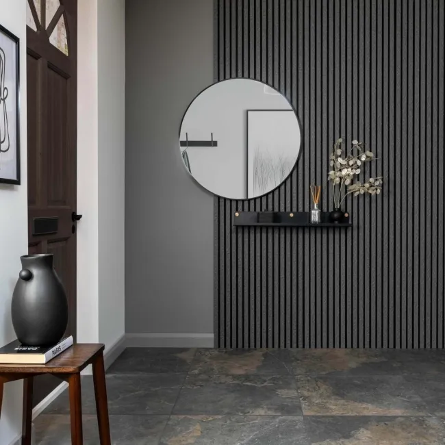 Trepanel Design® Grey Slate Effect Slat on Black Felt Wall Panels