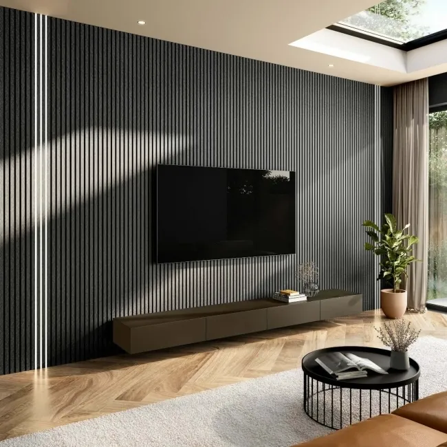 Trepanel Design® Grey Slate Effect Slat on Black Felt Wall Panels