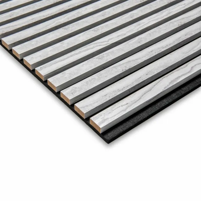 Trepanel Design® White Marble Effect on Black Felt Acoustic Wood Slat Panels