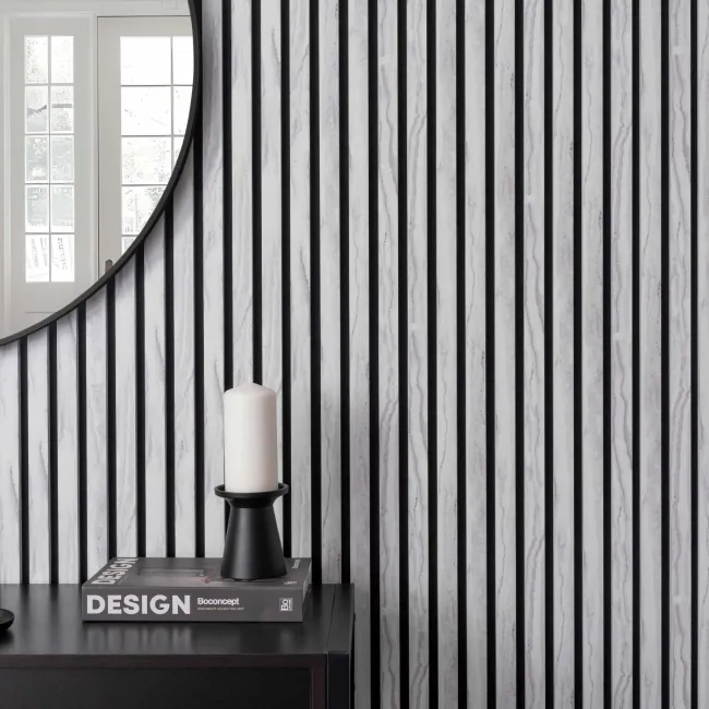 Trepanel Design® White Marble Effect on Black Felt Acoustic Wood Slat Panels