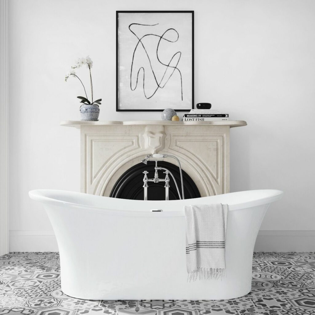 Large grand white bath tub in spacious bathroom with patterned floor and white walls.  
