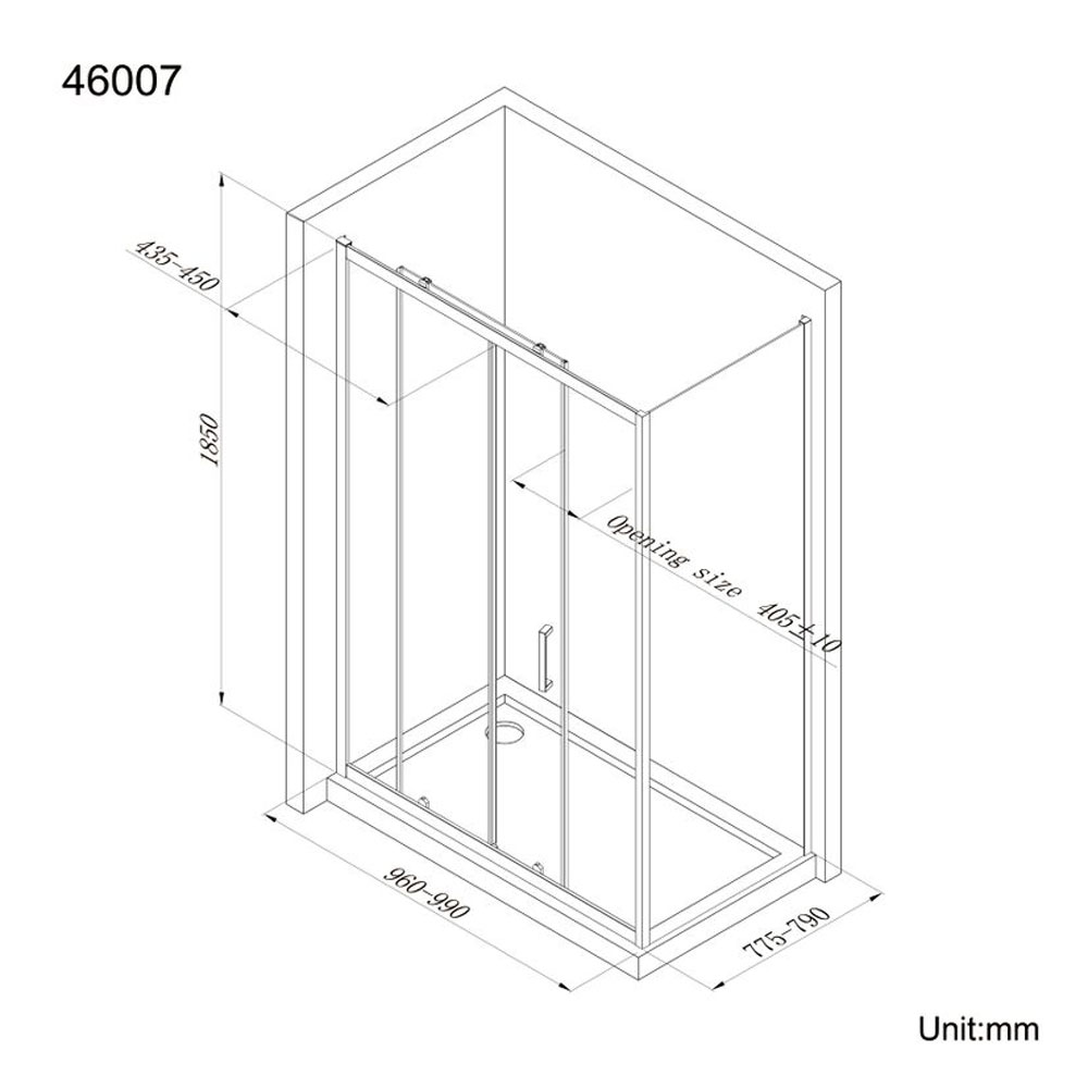 Technical diagram of shower enclosure helping readers understand how the measurements are different from title. 
