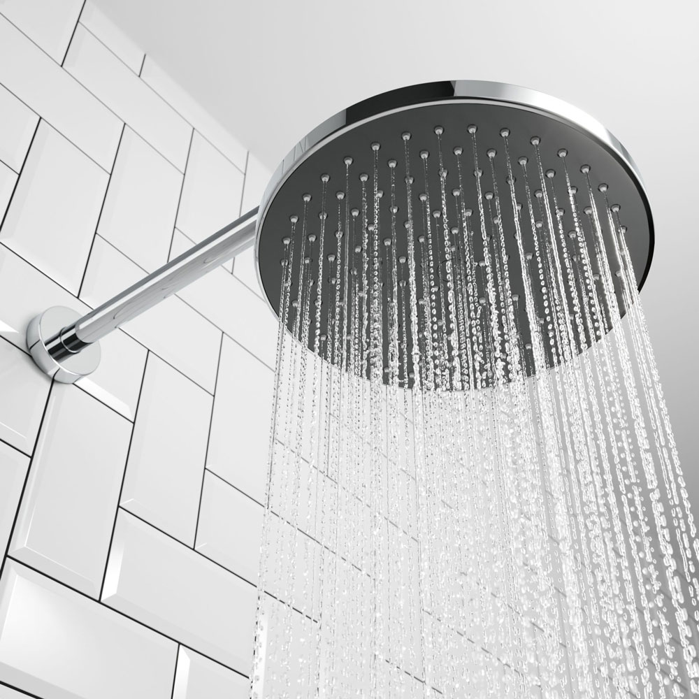 Lismore waterfall concealed shower head, cold shower water running from traditional chrome shower head.
