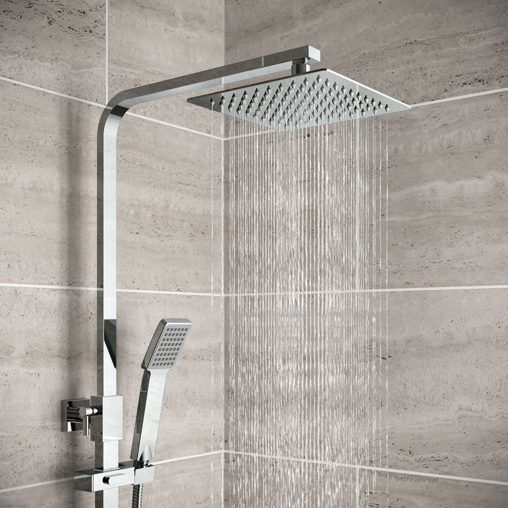 Galway chrome modern shower head with waterfall shower water running from top head. 