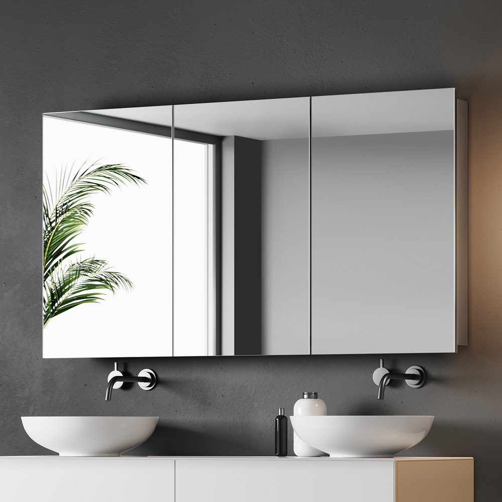 Modern wall mounted mirror cabinet over two counter top basins in grey bathroom scheme.