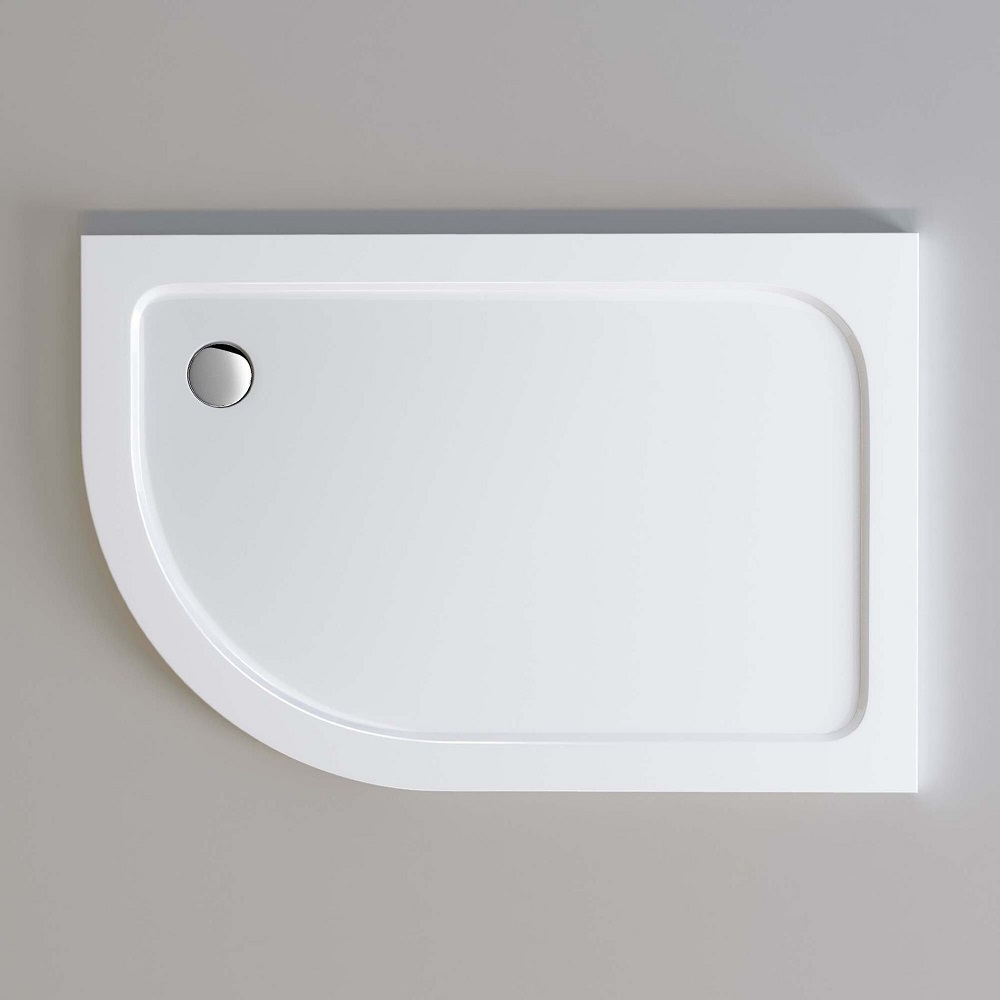 An overhead view of a quadrant shower tray featuring a curved front edge and central waste hole, exemplifying a sleek and modern design ideal for contemporary bathrooms. 