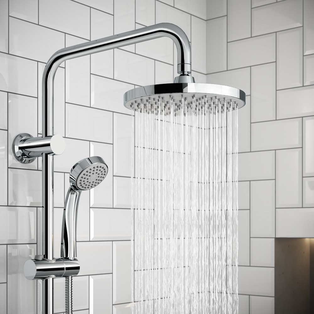 Modern thermostatic shower set with a large round rainfall showerhead and a separate handheld shower, both in polished chrome, set against clean white subway tile. The sleek design provides a luxurious and refreshing shower experience, perfect for contemporary bathrooms. 