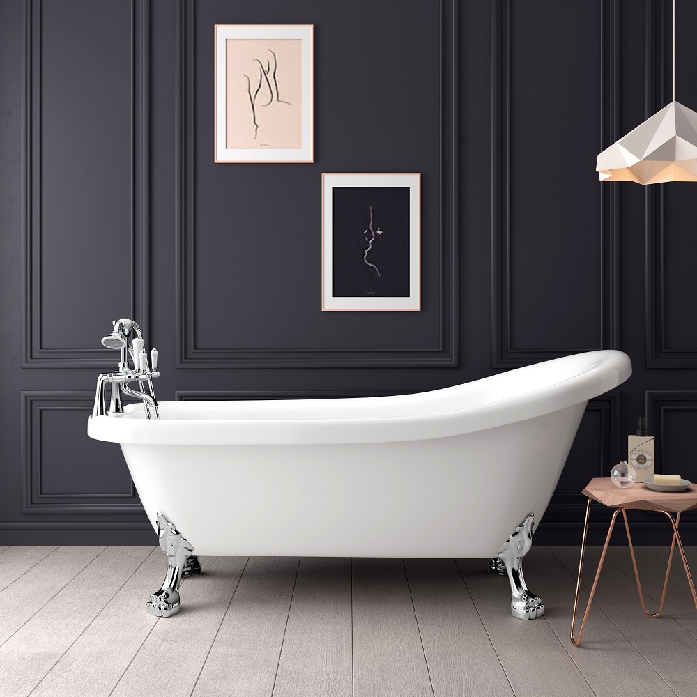 Sophisticated slipper bath for roll top bath ideas with chrome claw feet, an alluring white finish, postioned on wooden flooring against a dark panelled wall adorned with minimalist line art, illuminated by a modern geometric pendant light, blending classic charm with contemporary design. 
