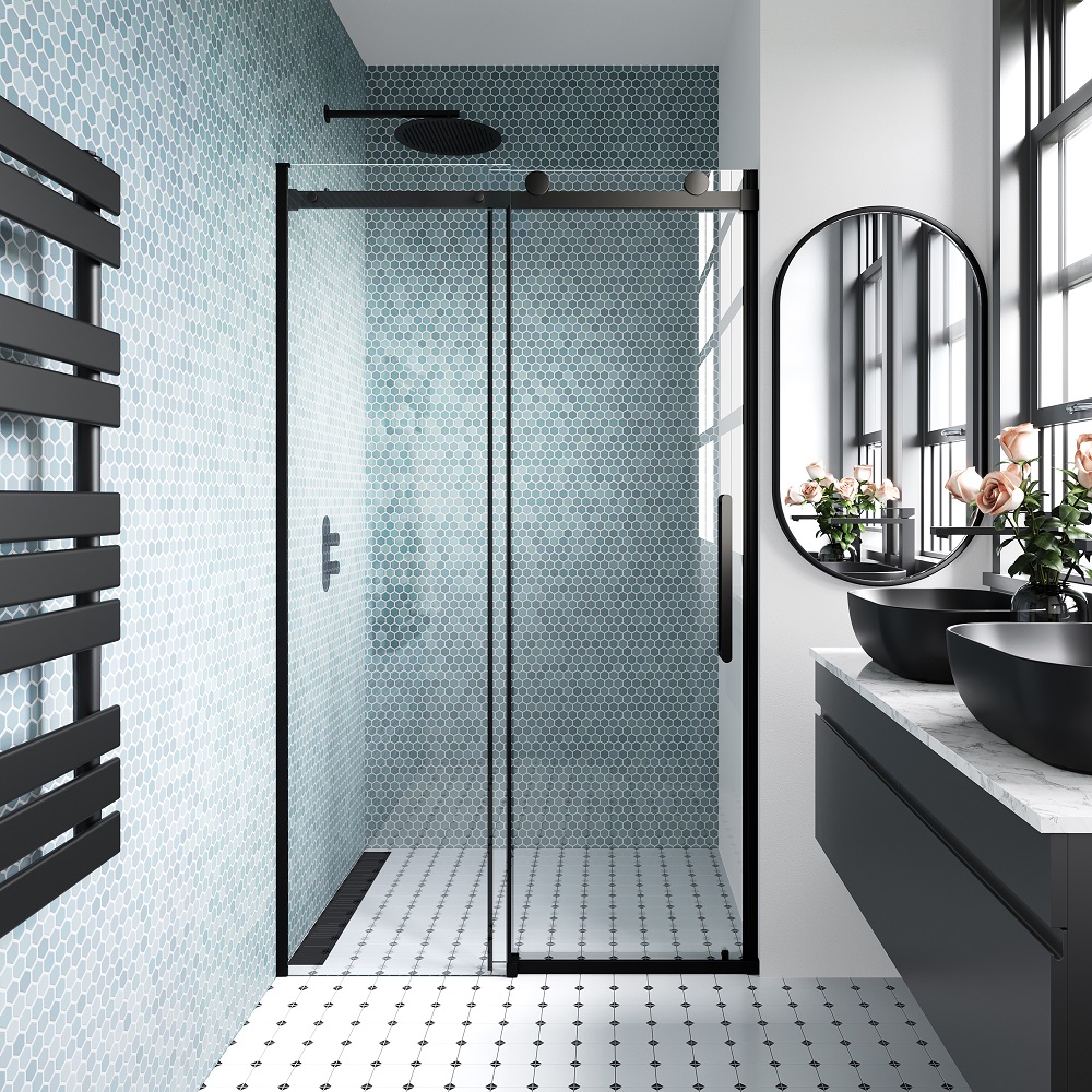 Chic modern bathroom featuring a walk-in shower with light blue hexagonal tiles, a sliding glass door with matt black frames, and a matching black rainfall showerhead. The floor is adorned with white tiles featuring black diamond shapes, coordinating with a black heated towel rail, and a sleek vanity with twin black basins and oval mirrors. 