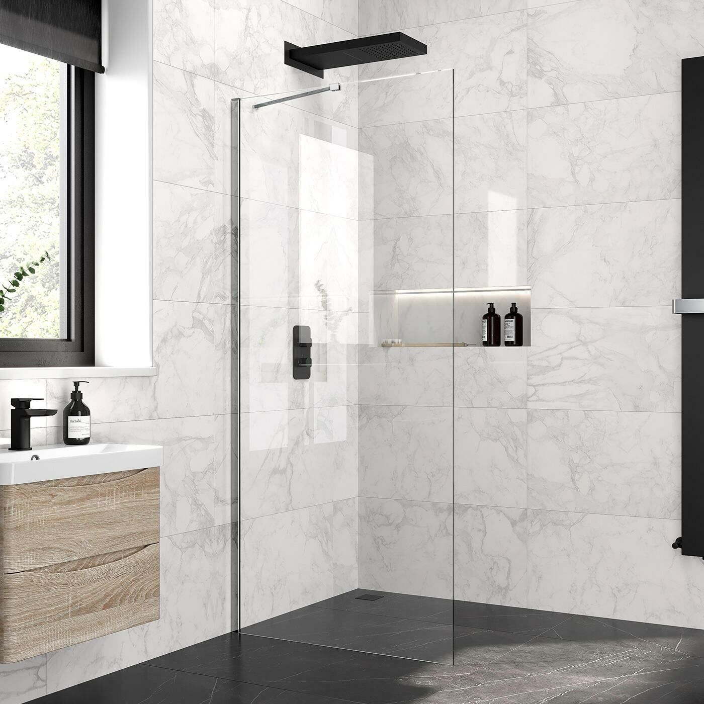 1000mm Walk in Wetroom Shower Enclosure 8mm Easy Clean Glass Screen Panel with Support Bar