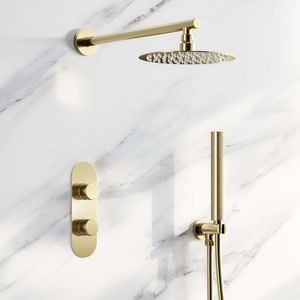 Ballina Premium Brushed Brass Round Thermostatic Shower Set - 200mm Head & Hand Shower