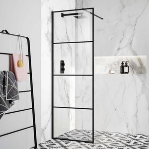 Munich Matt Black Grid Easy Clean 8mm Wet Room Shower Glass Panel 700mm