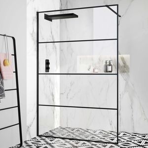 Munich Matt Black Grid Easy Clean 8mm Wet Room Shower Glass Panel 1400mm
