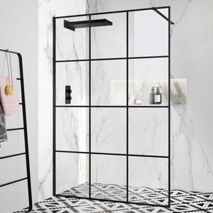 Munich Matt Black Crittall Style Easy Clean 8mm Wet Room Shower Glass Panel 1400mm