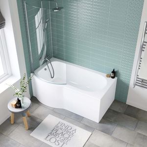 P Shaped 1500mm Shower Bath With Front Panel & 4mm Screen - Left Handed
