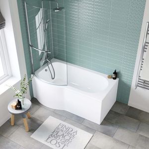 P Shaped 1500mm Shower Bath With Front Panel & 4mm Screen With Rail - Left Handed