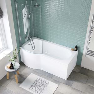 P Shaped 1600mm Shower Bath With Front Panel & 4mm Screen - Left Handed