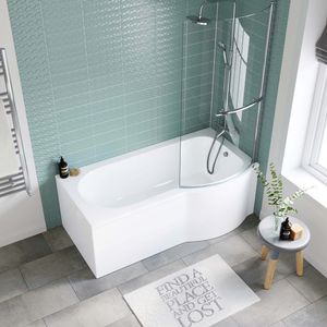 P Shaped 1600mm Shower Bath With Front Panel & 4mm Screen With Rail - Right Handed