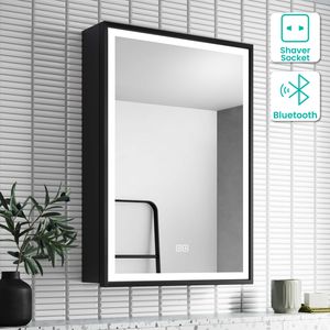 Mia Black Framed Illuminated LED Mirror Cabinet With BLUETOOTH Speaker 710x500mm