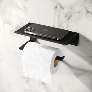 Remi Easy Fix Matt Black Toilet Roll Holder with Shelf