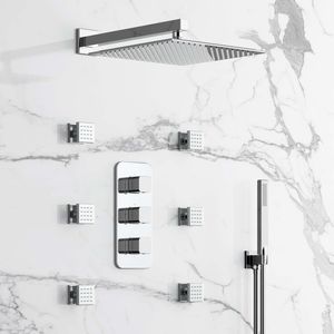 Galway Premium Chrome Square Thermostatic Set - 300mm Head, Hand Shower & Body Jets