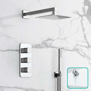 Galway Premium Chrome Square Thermostatic Bath Filler Shower Set - 200mm Head & Hand Shower