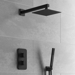 Galway Premium Matt Black Square Thermostatic Shower Set - 200mm Head & Hand Shower