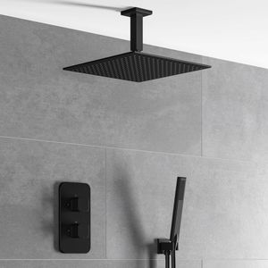 Galway Premium Ceiling Matt Black Square Thermostatic Shower Set - 300mm Head & Hand Shower