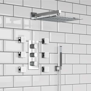 Chrome square Thermostatic Set - 300mm Head, Hand Shower & Body Jets