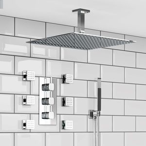 Ceiling Chrome Square Thermostatic Set - 400mm Head, Hand Shower & Jets