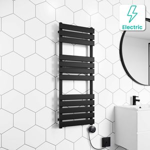 Santorini Electric Matt Black Flat Panel Heated Towel Rail 1200x450mm